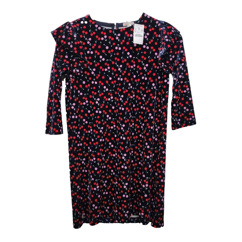 J.Crew Crewcuts Girls Navy Cherry Velvet Ruffled Trim 3/4 Sleeve Dress Size 12